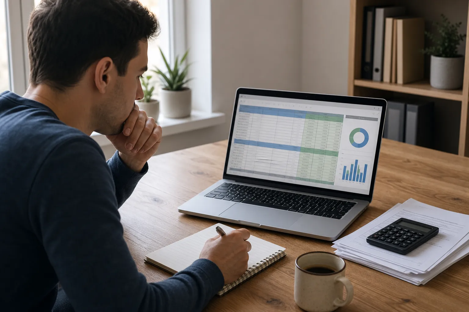Person reviewing monthly website maintenance costs on a laptop screen while taking notes