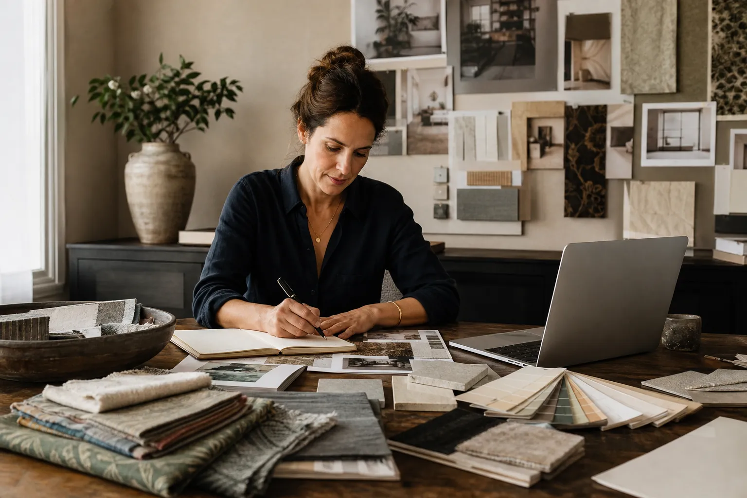 Interior designer at desk with design materials and laptop, planning marketing strategy
