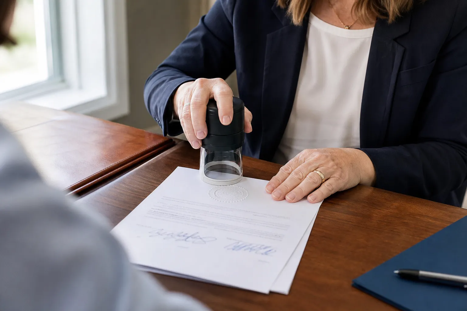 Notary public applying an official seal to a real estate closing document
