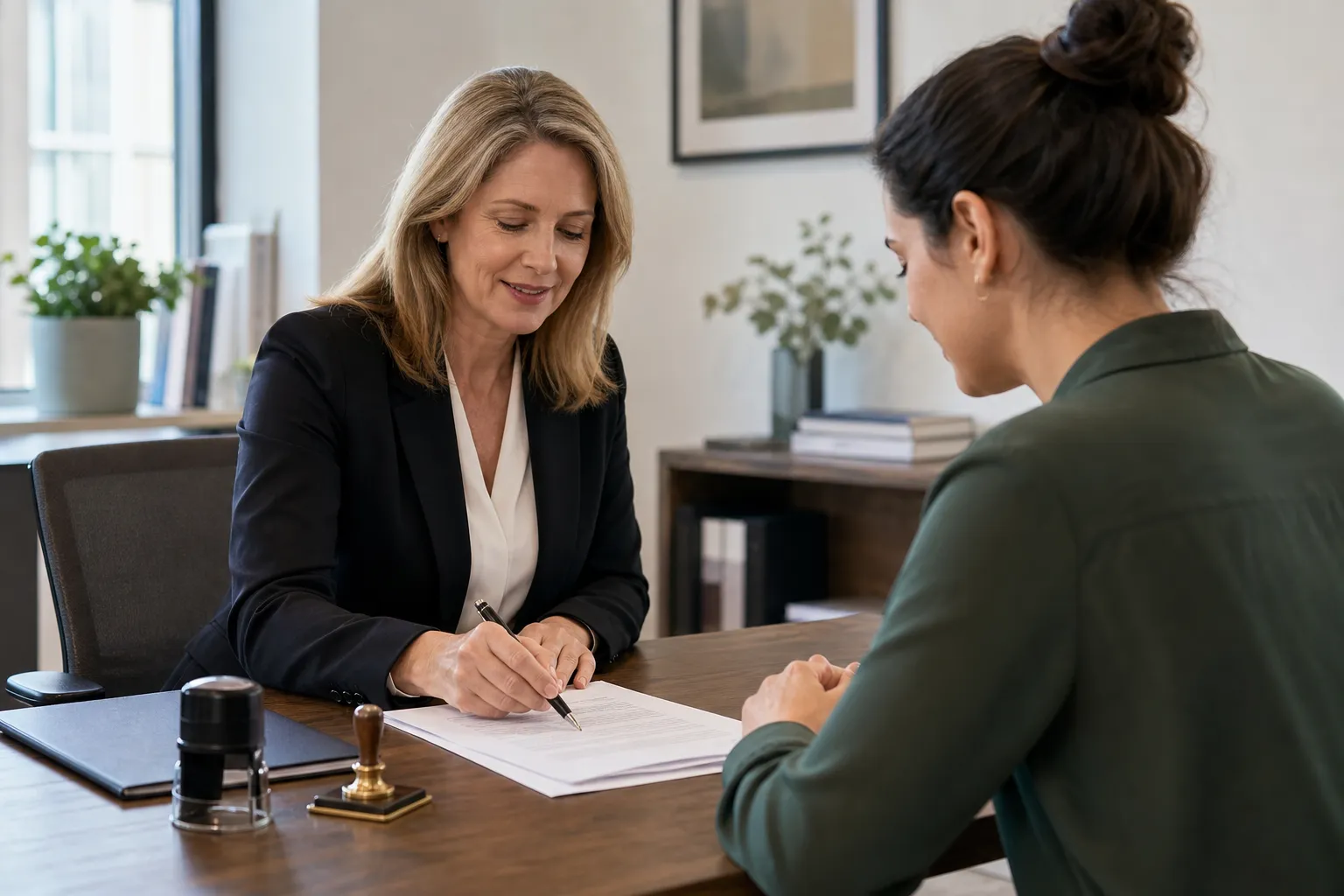 A notary reviewing documents at a desk with a business owner during a mobile notary appointment