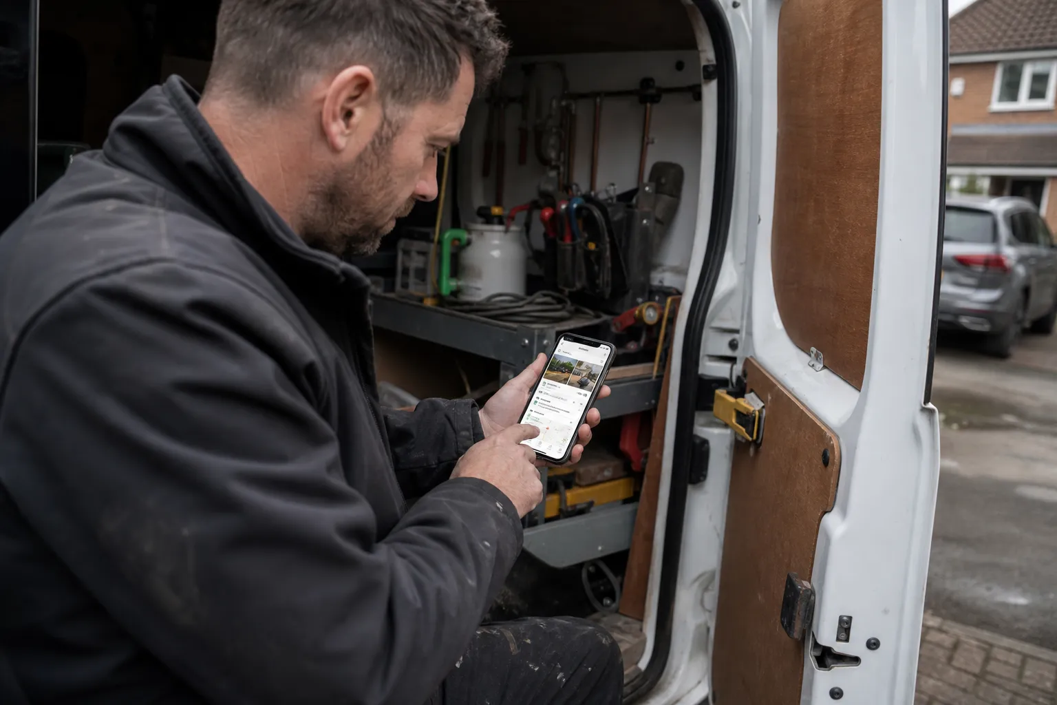 Trades worker holding a mobile phone while searching for local business services online