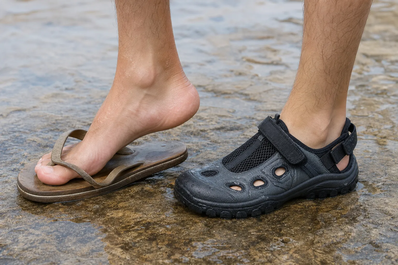 Thong sandal next to a heel-strapped water shoe, showing why one stays on feet and one doesn't.