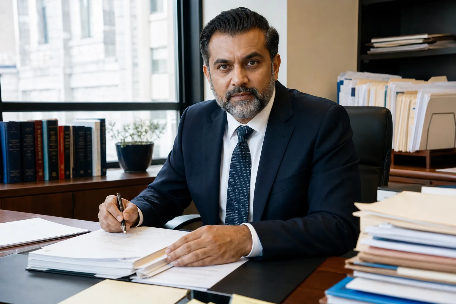 Criminal defense attorney in a law office reviewing case documents